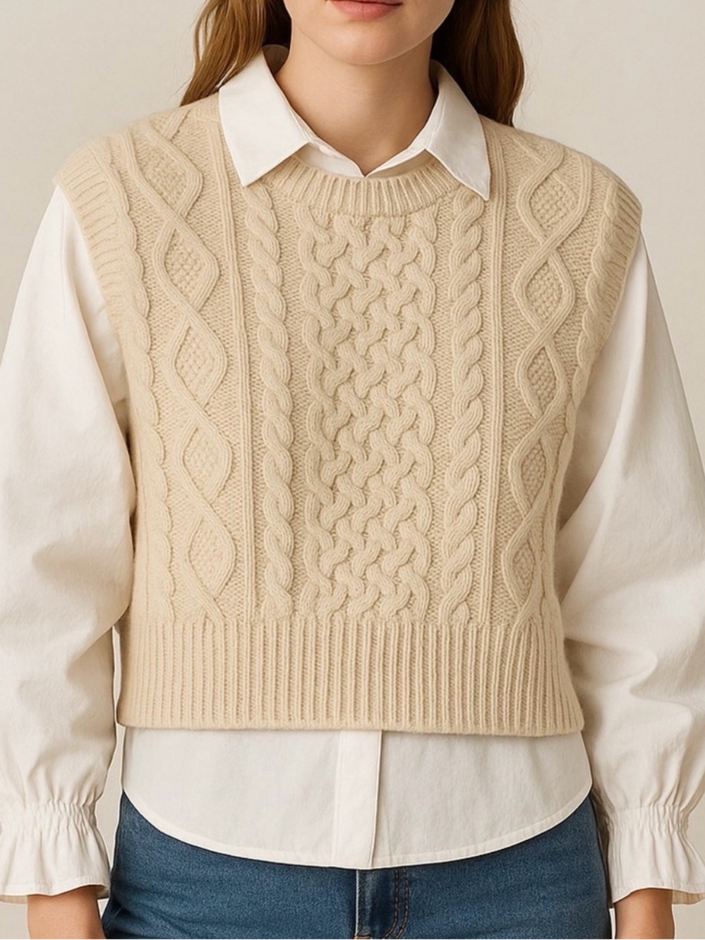 #1017 SEA NY Devana Mixed Media L/S Blouse & Sweater Vest Combo Cream